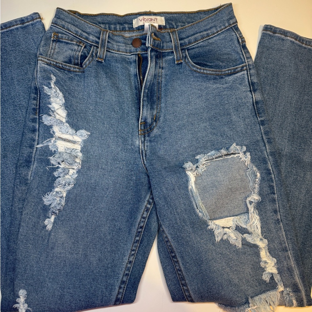 Vibrant Blue Straight Leg Jeans with Distressed Details